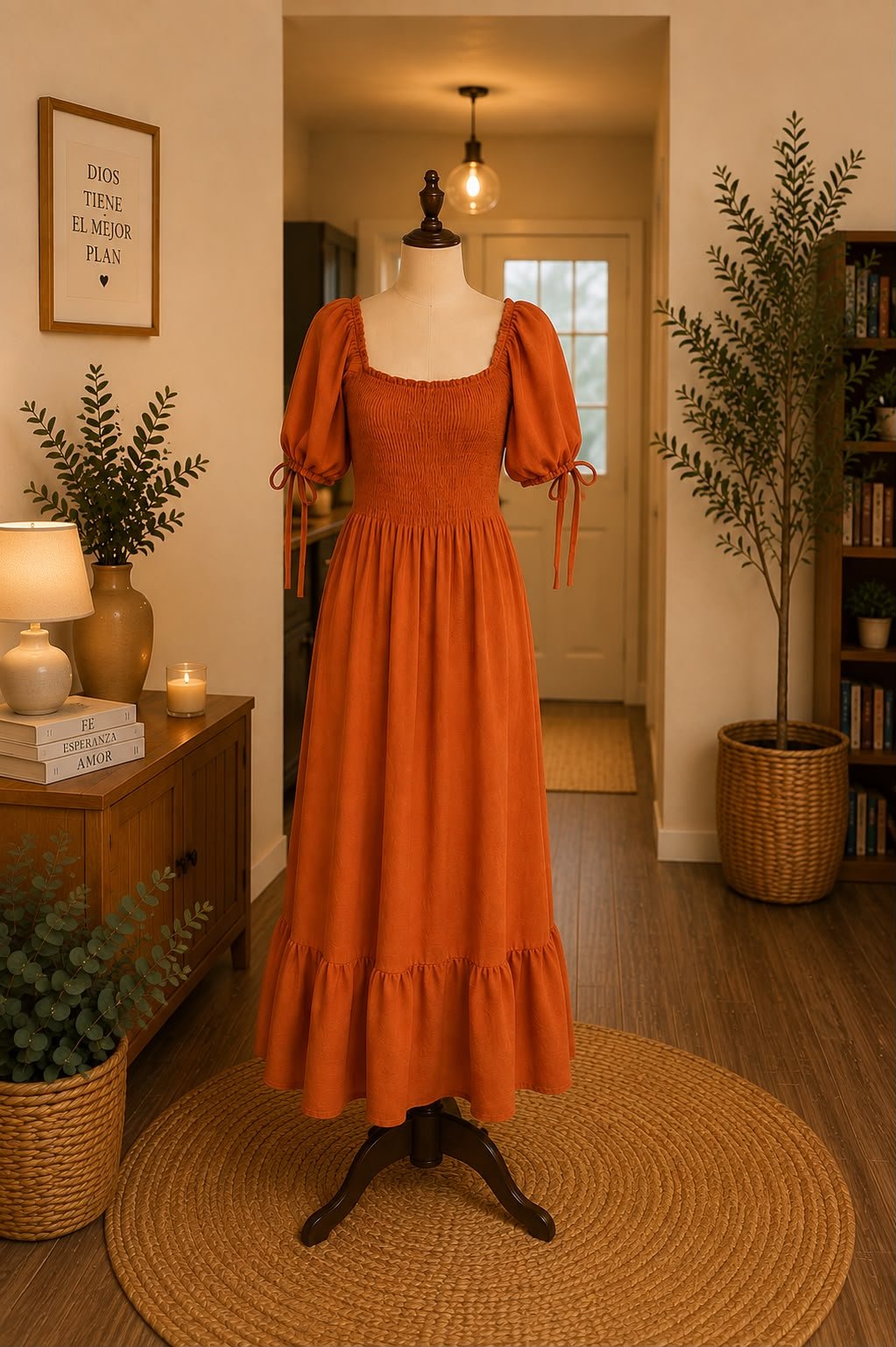 VESTIDO MARRON LARGO MANGA PUFF