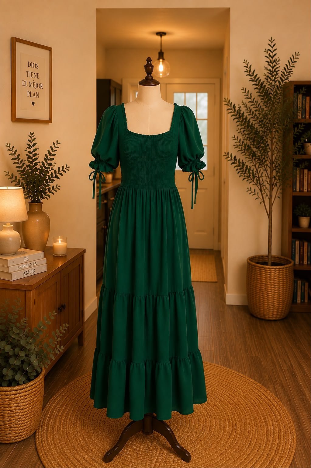VESTIDO VERDE LARGO MANGA PUFF